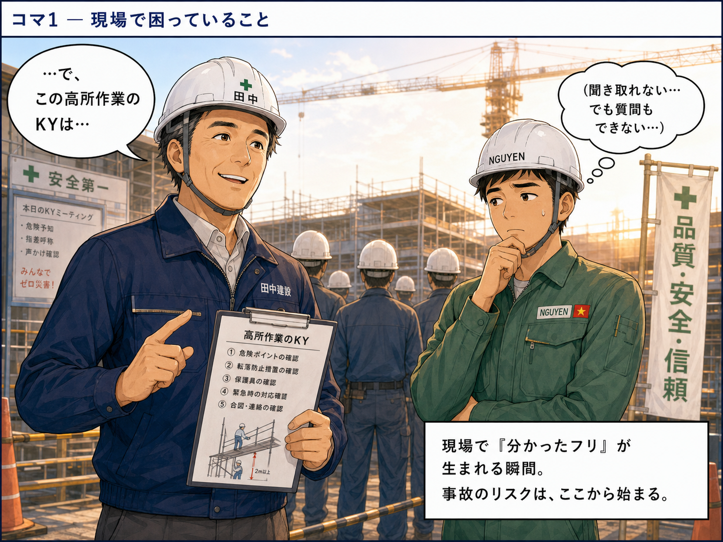 建設現場の朝礼。田中さんが日本語で高所作業のKYを説明し、グエンさんが「聞き取れない…でも質問もできない」と困った表情をしている。