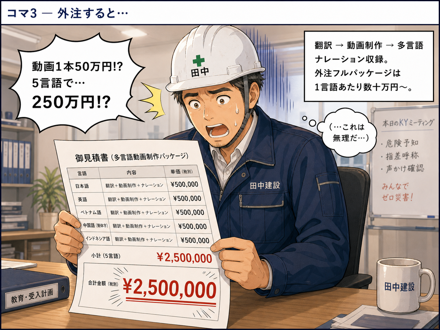 見積書を見て驚く田中さん。動画1本50万円、5言語で250万円という金額に「これは無理だ」とつぶやく。